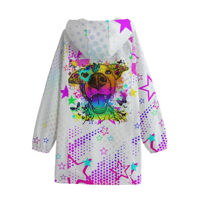 Preview: Leichte Regenjacke Hazel – Popart Hundemotiv, 100 % Polyester, Unisex, Staffordshire, AmStaff, Staff, Pitbull, Pit, SOKA, Listenhund